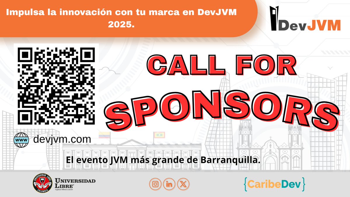 Barranquilla JUG 🇨🇴 (@jugbaq) on Twitter photo 🚨 ¡Call for Sponsors!
¿Tu empresa busca talento Java, Kotlin, Spring o DevOps?
Sé parte de #DevJVM 2025 en Barranquilla 🇨🇴, el evento JVM más grande de la región.
📩 contacto@devjvm.com
🌐 devjvm.com
#TechNetworking #JVM #Backend #java #kotlin #devjvm2025 🚨 ¡Call for Sponsors!
¿Tu empresa busca talento Java, Kotlin, Spring o DevOps?
Sé parte de #DevJVM 2025 en Barranquilla 🇨🇴, el evento JVM más grande de la región.
📩 contacto@devjvm.com
🌐 devjvm.com
#TechNetworking #JVM #Backend #java #kotlin #devjvm2025
