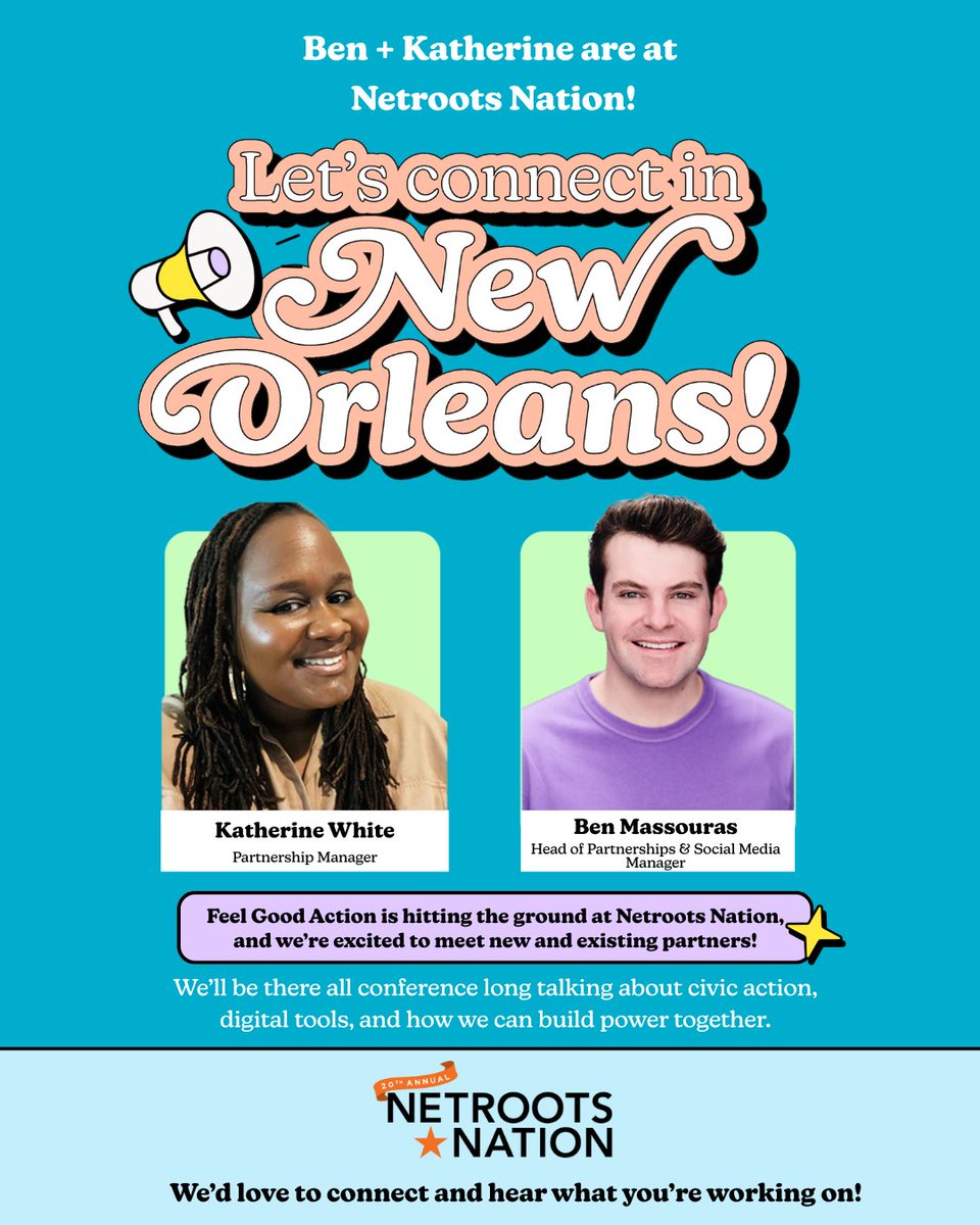 FeelGoodAction's tweet image. Ben and Katherine are at Netroots Nation! 💜

We’re talking civic action, digital tools, and building power with partners old and new.

Let us know if you’re here, we’d love to connect!

#NetrootsNation #FeelGoodAction