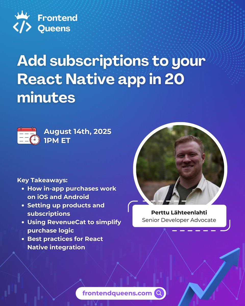 Frontend Queens (@frontendqueens) on Twitter photo 💹 Add subscriptions to your React Native app in 20 minutes 💫
<a href="/plahteenlahti/">Perttu Lähteenlahti</a>, Senior Developer Advocate at <a href="/RevenueCat/">RevenueCat</a> , will demonstrate the process, from store setup to integration into your React Native codebase.
📅 Aug 14 | ⏰ 1 PM
🔗Join: bit.ly/4fsgH2E 💹 Add subscriptions to your React Native app in 20 minutes 💫
<a href="/plahteenlahti/">Perttu Lähteenlahti</a>, Senior Developer Advocate at <a href="/RevenueCat/">RevenueCat</a> , will demonstrate the process, from store setup to integration into your React Native codebase.
📅 Aug 14 | ⏰ 1 PM
🔗Join: bit.ly/4fsgH2E