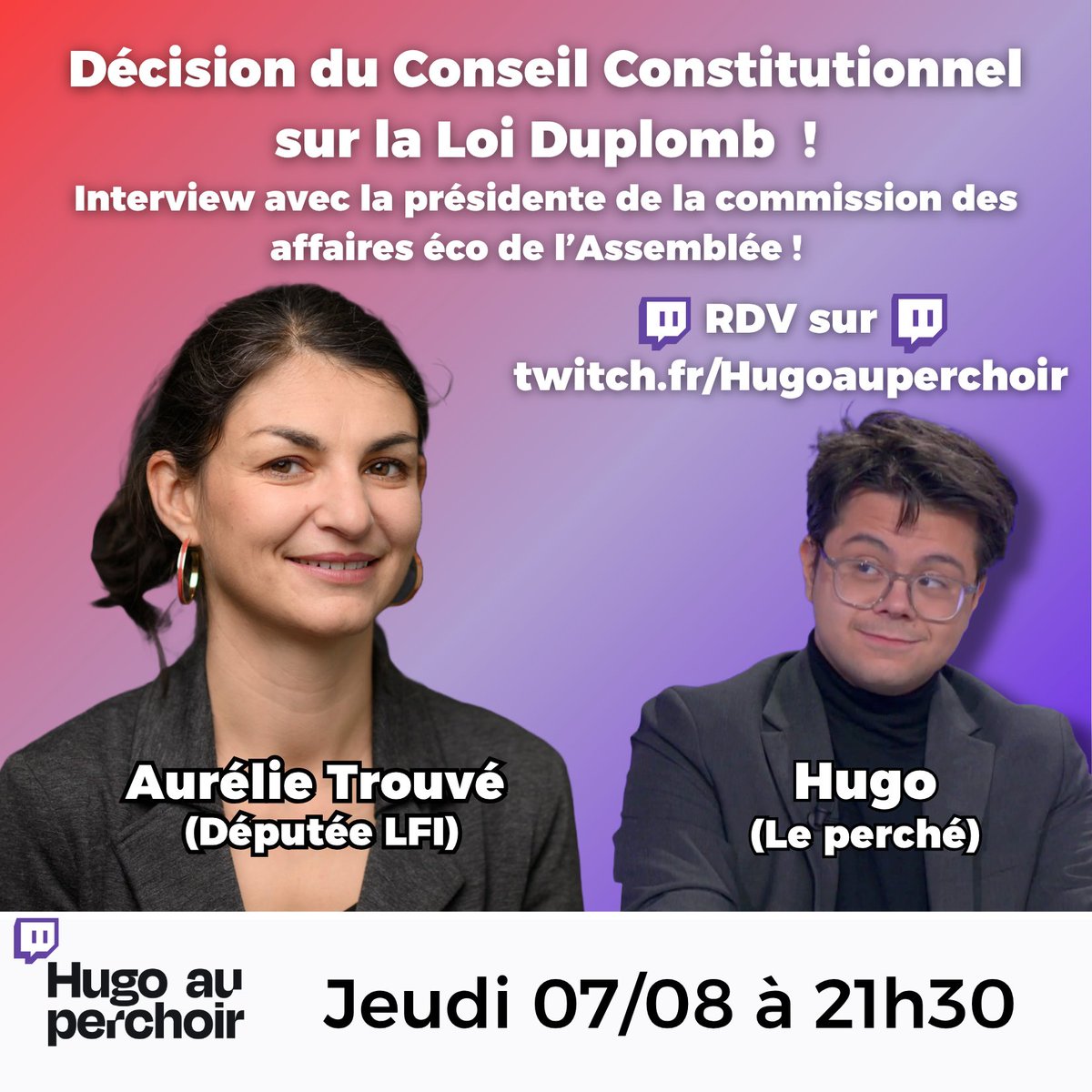 Hugo Couturier (@hugocouturier) on Twitter photo Annonce Interview !
La présidente de la commission des affaires éco <a href="/TrouveAurelie/">Aurélie Trouvé</a> (Et VP de la CMP Duplomb) sera mon invité exceptionnel à 21h30 pour réagir à la décision du Conseil constitutionnel sur la loi Duplomb ! Annonce Interview !
La présidente de la commission des affaires éco <a href="/TrouveAurelie/">Aurélie Trouvé</a> (Et VP de la CMP Duplomb) sera mon invité exceptionnel à 21h30 pour réagir à la décision du Conseil constitutionnel sur la loi Duplomb !