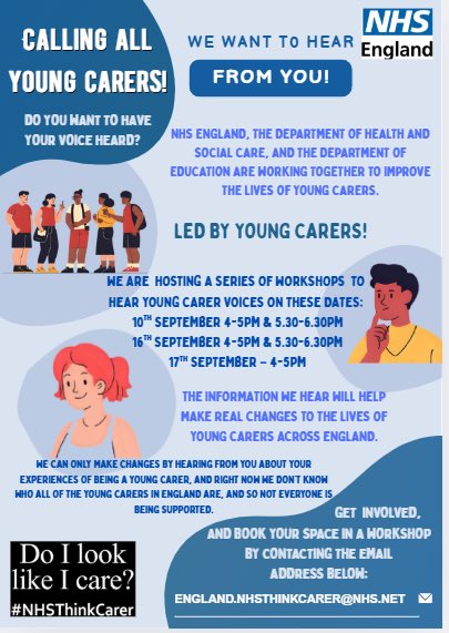 SPMBARA's tweet image. Do you work with Young carers? @NHSThinkCarer, @DHSCgovuk, and the @DepartmentforEd we are hosting a series of online workshops with young carers to hear about their experiences and explore how we can better identify and support them. #NHSThinkCarer Please see flyer👇🏾