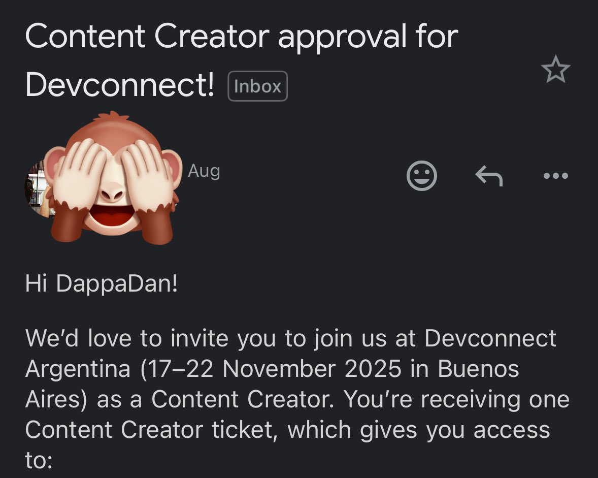 DappaDan (@dappadandev) on Twitter photo Momma I'm an approved Content Creator!
Thanks to <a href="/EFDevcon/">Devconnect ARG</a> team for creating this opportunity ❤️ (more events should do this) Momma I'm an approved Content Creator!
Thanks to <a href="/EFDevcon/">Devconnect ARG</a> team for creating this opportunity ❤️ (more events should do this)
