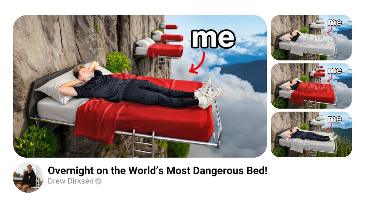 ✏️🛌 recent thumbnails for <a href="/DrewDirksen69/">Drew Dirksen</a>

"Overnight on the World’s Most Dangerous Bed!"

which would you click?👆