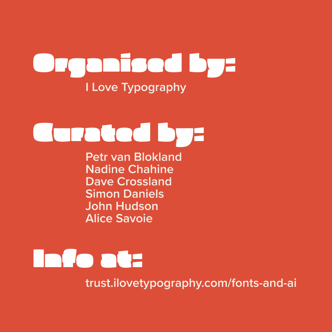 I Love Typography (@ilovetypography) on Twitter photo The conference will take place online on Oct 23 and 24 and the program is being curated by:
Petr van Blokland
Nadine Chahine <a href="/arabictype/">Nadine Chahine 🇱🇧</a>
Dave Crossland <a href="/googlefonts/">Google Fonts</a>
Simon Daniels
John Hudson <a href="/TiroTypeworks/">Tiro Typeworks</a>
Alice Savoie <a href="/alicesavoie/">Alice Savoie</a>
Check our website and follow our The conference will take place online on Oct 23 and 24 and the program is being curated by:
Petr van Blokland
Nadine Chahine <a href="/arabictype/">Nadine Chahine 🇱🇧</a>
Dave Crossland <a href="/googlefonts/">Google Fonts</a>
Simon Daniels
John Hudson <a href="/TiroTypeworks/">Tiro Typeworks</a>
Alice Savoie <a href="/alicesavoie/">Alice Savoie</a>
Check our website and follow our