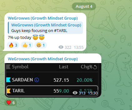 WeGrowws's tweet photo. On 2nd August I said — Guys, keep your eyes on TARIL.
And boom — on 4th August, it's up 9%. Woww! https://t.co/2VqQpEZlpu