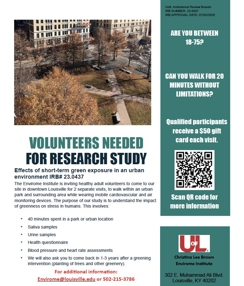 UofL's Christina Lee Brown Envirome Institute (@uoflenvirome) on Twitter photo If you live in Louisville, you might be able to help us investigate the impact of urban green spaces on human health.
We're looking for adult volunteers between the ages of 18-75.
If you're interested in learning more about the study, contact us at envirome@louisville.edu. If you live in Louisville, you might be able to help us investigate the impact of urban green spaces on human health.
We're looking for adult volunteers between the ages of 18-75.
If you're interested in learning more about the study, contact us at envirome@louisville.edu.