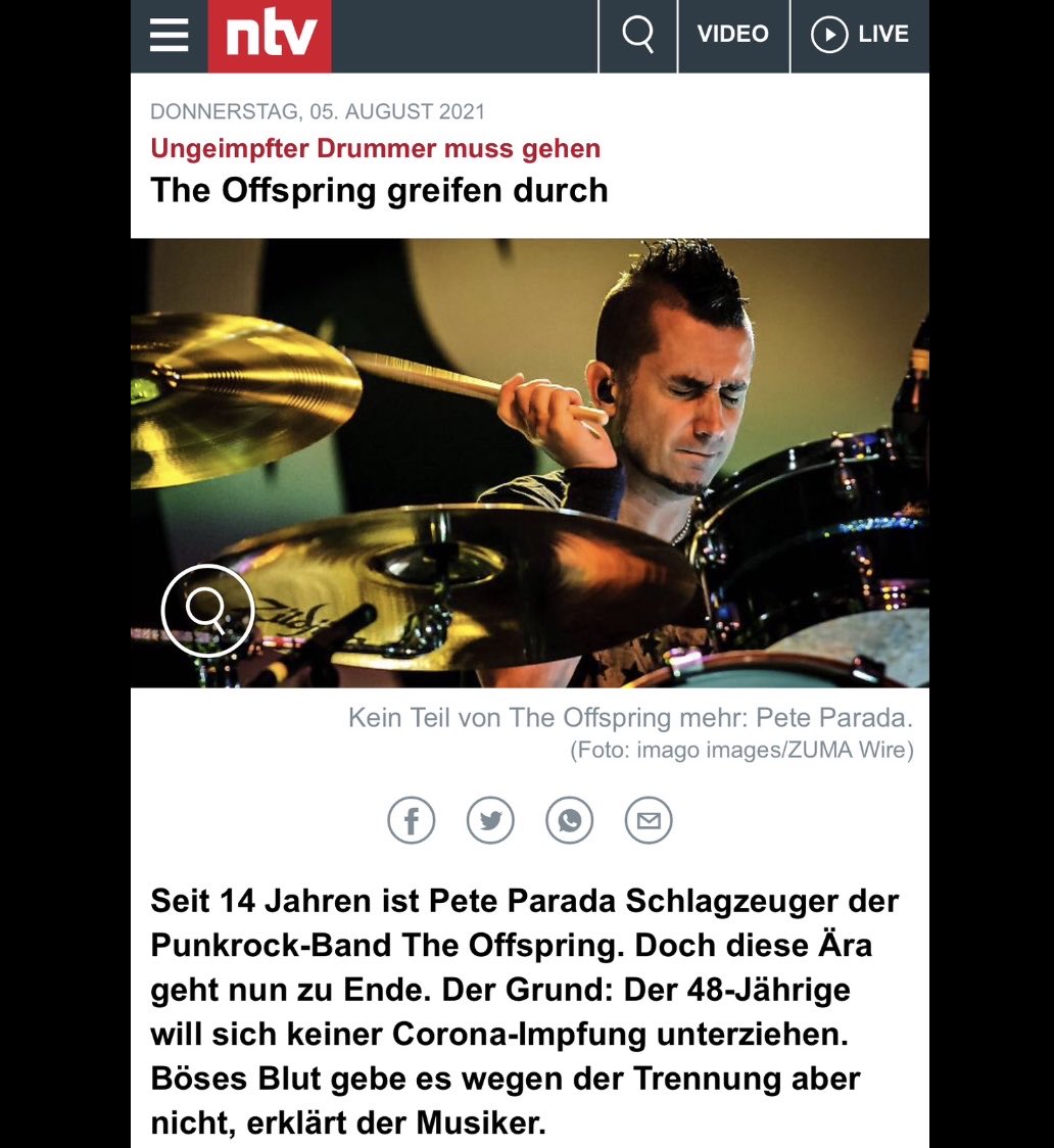 "Seit 14 Jahren ist Pete Parada Schlagzeuger der Punkrock-Band The Offspring. Doch diese Ära geht nun zu Ende. Der Grund: Der 48-Jährige will sich keiner Corona-Impfung unterziehen."

#RichtigErinnern August 2021