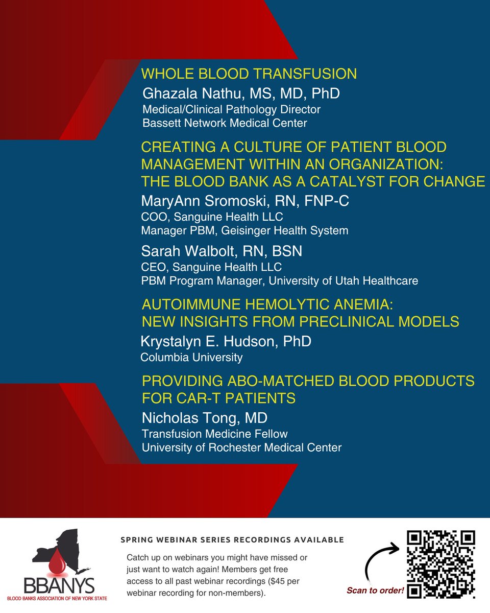 BBANYS (@bba_nys) on Twitter photo Did you miss any of the #BBANYS Spring Webinar Series? All recordings are now available for on-demand viewing! Topics covered during this series include whole blood transfusion, autoimmune hemolytic anemia & more. 
Order here: bbanys.org/order-webinar-… Did you miss any of the #BBANYS Spring Webinar Series? All recordings are now available for on-demand viewing! Topics covered during this series include whole blood transfusion, autoimmune hemolytic anemia & more. 
Order here: bbanys.org/order-webinar-…