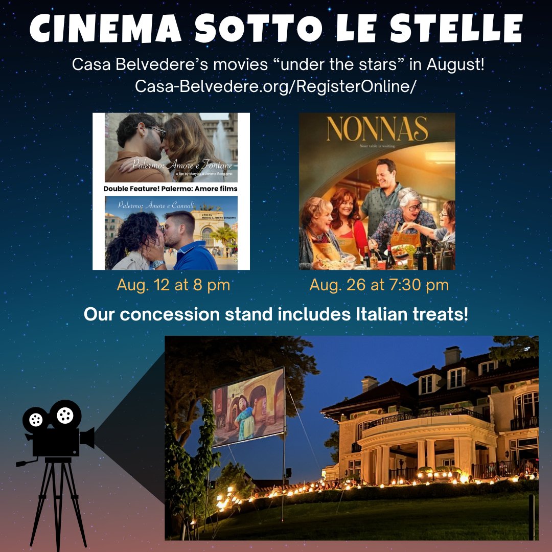 Casa_Belvedere's tweet image. Two more Cinema Sotto le Stelle movies @CasaBelvedere! Tuesday, 8/12 double feature: PALERMO: AMORE, and Tuesday, 8/26: NONNAS, the Enoteca Maria story in SI. Register: bit.ly/4meo9B2
Bring a friend, enjoy snacks from our concession stand. #Italian #ItalianCulture #NYC