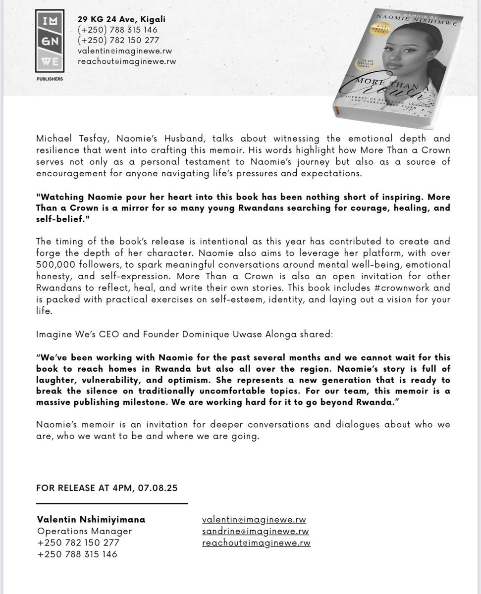 We are incredibly proud to be working on “More Than a Crown”—the debut memoir of Naomie Nishimwe, Rwanda’s most influential pageant winner.

It’s launching this November, and we can’t wait for you to read it!❤️

#publishinghouse #pressrelease #bookgram #mentalhealth