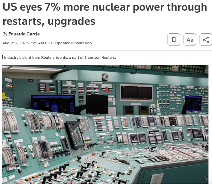 HopfJames's tweet photo. According to this (paywalled) article, nuclear plant restarts and power uprates may increase US nuclear generating capacity by 7%.  A significant increase that can be had w/o building new nuclear plants.  Article link in reply.

The increased capacity could be realized by ~2030. https://t.co/yeXkUqLLwq