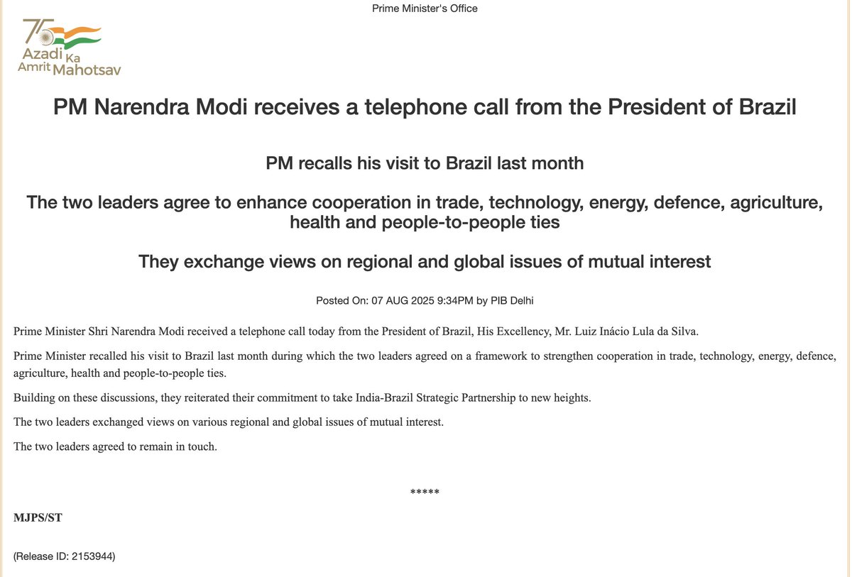 While the Brazilian readout (L) of the phone call between Indian Prime Minister <a href="/narendramodi/">Narendra Modi</a> and President <a href="/LulaOficial/">Lula</a> mentioned discussions on "unilateral tariffs" and the need to "face the challenges", the Indian readout (R) makes no explicit reference to this.