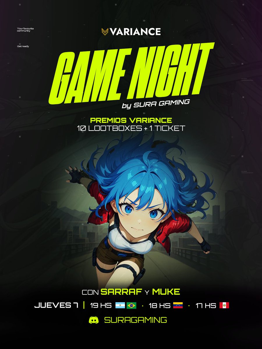 Sura Gaming (@suragamingteam) on Twitter photo 🎮✨HOY GAME NIGHT EN SURA
Hoy jueves de Variance te metés en una noche con loot asegurado y partidas con sabor a revancha.
Junto a <a href="/Sarraf_Arg/">Sarraf | SURA </a> a <a href="/MukeGaming/">Muke.ron | SURA ⚡</a>
🎁 Premios: 10 Lootboxes + 1 Ticket
🗓️ Hoy, jueves 7 de agosto
⏰ Desde las 19HS 🇦🇷
👾 Solo en nuestro Discord
📲 🎮✨HOY GAME NIGHT EN SURA
Hoy jueves de Variance te metés en una noche con loot asegurado y partidas con sabor a revancha.
Junto a <a href="/Sarraf_Arg/">Sarraf | SURA </a> a <a href="/MukeGaming/">Muke.ron | SURA ⚡</a>
🎁 Premios: 10 Lootboxes + 1 Ticket
🗓️ Hoy, jueves 7 de agosto
⏰ Desde las 19HS 🇦🇷
👾 Solo en nuestro Discord
📲