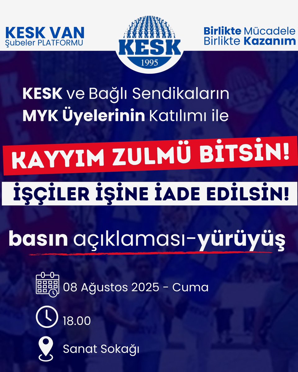 KESK Eşbaşkanı Ahmet Karagöz, KESK ve bağlı iş kolları MYK'lerinin katılımı ile Van Büyükşehir Belediyesinde kayyım eliyle işlerine son verilen emekçiler için yapacağımız basın açıklaması ve yürüyüşe tüm duyarlı kesimler davetlidir. 
<a href="/KESK1995/">KESK</a> 
<a href="/sesgenelmerkezi/">SES Genel Merkezi</a>