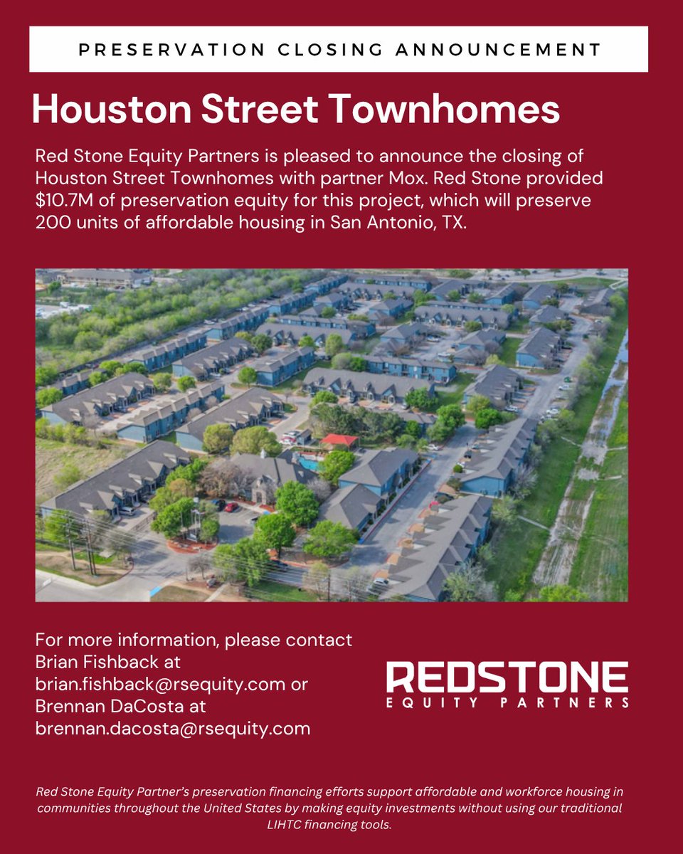 We are thrilled to announce the successful #closing of our third Preservation Equity deal: the Houston Street Townhomes project. This project will preserve 200 units of #affordablehousing in San Antonio, TX, with a $10.7 million investment in #preservationequity from Red Stone.