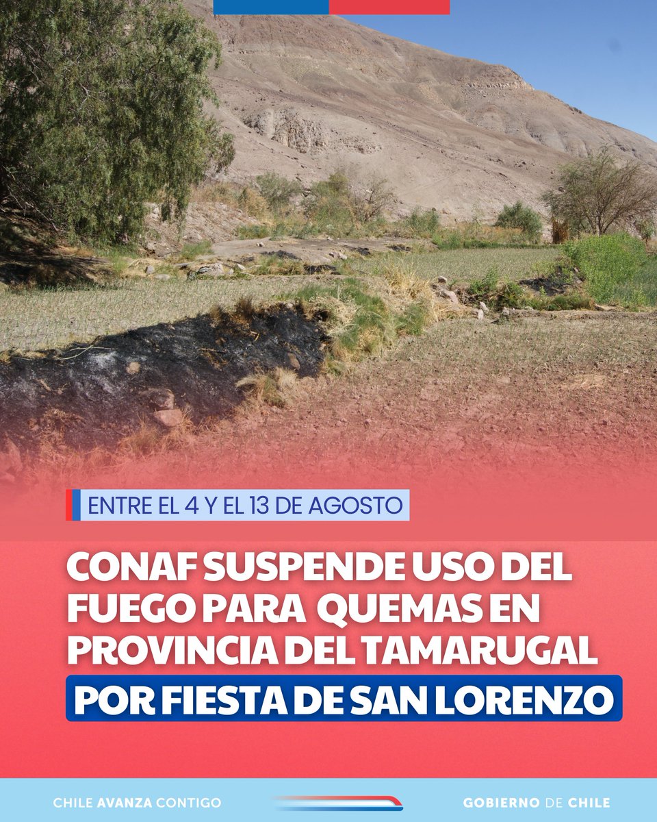 ⭕️#IMPORTANTE | Con motivo de la festividad de San Lorenzo, #CONAF decreta prohibición de uso del fuego para la provincia del Tamarugal. 

➡️Medida preventiva para evitar riesgo de incendios.

📌El uso del fuego esta reglamentado por DSN°276 de 1980 del Ministerio de Agricultura.