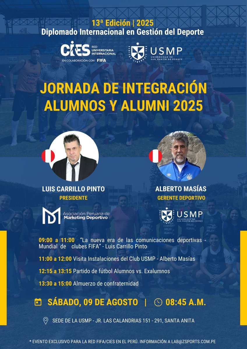 ¡Nos vemos en la Jornada de Integración del Diplomado en Gestión del Deporte FIFA/CIES/USMP 2025! 🎉

Este 9 de agosto estaré dando una charla sobre “La nueva era de las comunicaciones deportivas – Mundial de Clubes FIFA” 🎙️⚽ Una oportunidad para explorar cómo la comunicación