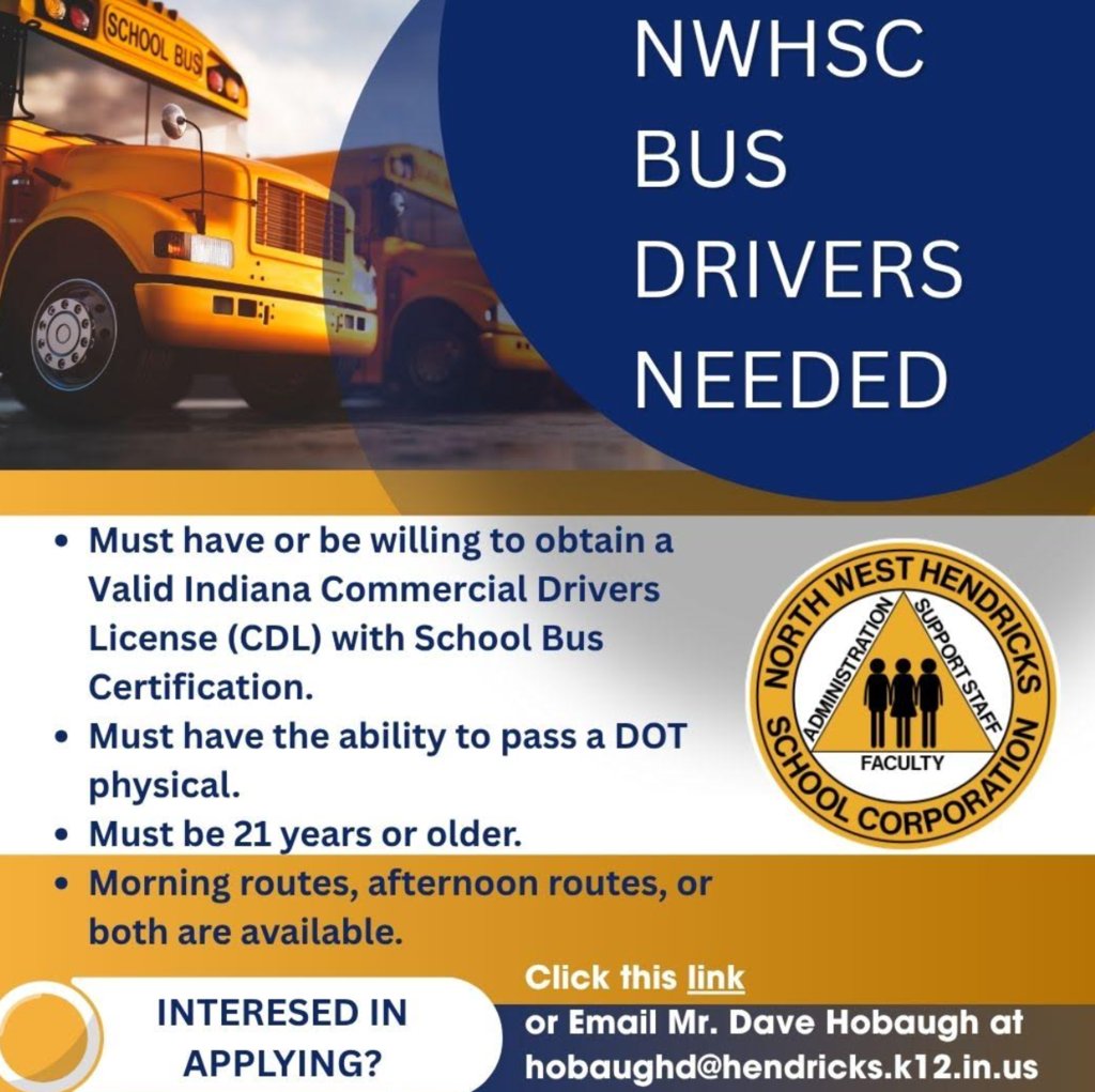 North West Hendricks Communications (@nwhscomms) on Twitter photo 🚍 Looking for a meaningful way to give back to the community? Join the NWHSC transportation team! CDL (or willingness to earn it), age 21+, and DOT physical required. Morning, afternoon, or both shifts available.
📧 hobaughd@hendricks.k12.in.us 🚍 Looking for a meaningful way to give back to the community? Join the NWHSC transportation team! CDL (or willingness to earn it), age 21+, and DOT physical required. Morning, afternoon, or both shifts available.
📧 hobaughd@hendricks.k12.in.us