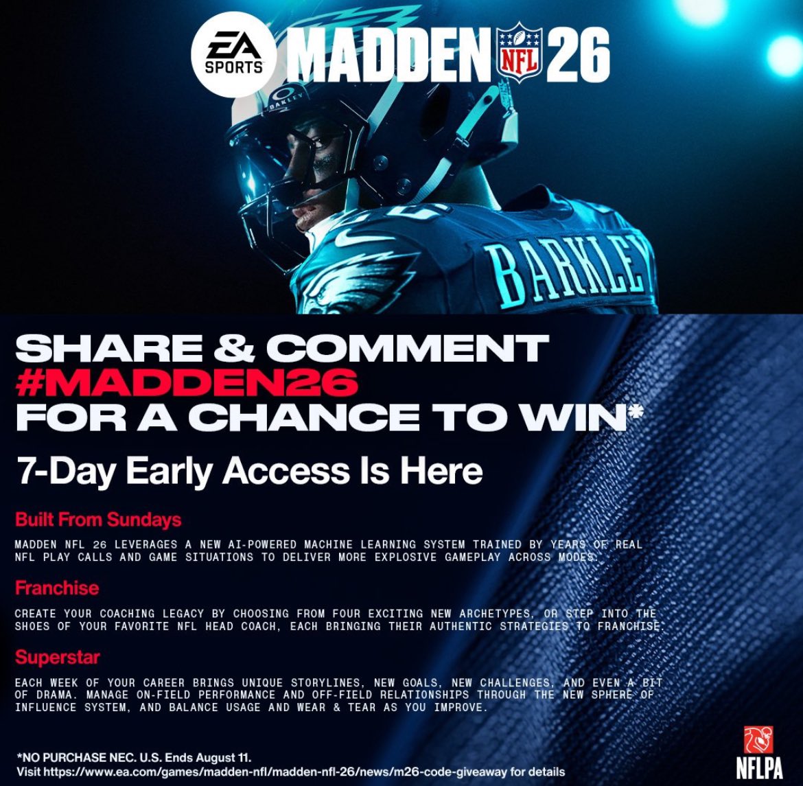 Larry Foster (@larryfosternfl) on Twitter photo 🚨Giveaway: I'm giving away 4 FREE copies of Madden 26 All Madden edition (2 on each console).
How to enter:
1. Retweet and like this tweet
2. Comment your favorite team and #Madden26
3. Follow <a href="/LarryFosterNFL/">Larry Foster</a>
Play Now 7 Days Early! Goodluck! 🏈
Winners picked 8/8 4PM EST. 🚨Giveaway: I'm giving away 4 FREE copies of Madden 26 All Madden edition (2 on each console).
How to enter:
1. Retweet and like this tweet
2. Comment your favorite team and #Madden26
3. Follow <a href="/LarryFosterNFL/">Larry Foster</a>
Play Now 7 Days Early! Goodluck! 🏈
Winners picked 8/8 4PM EST.