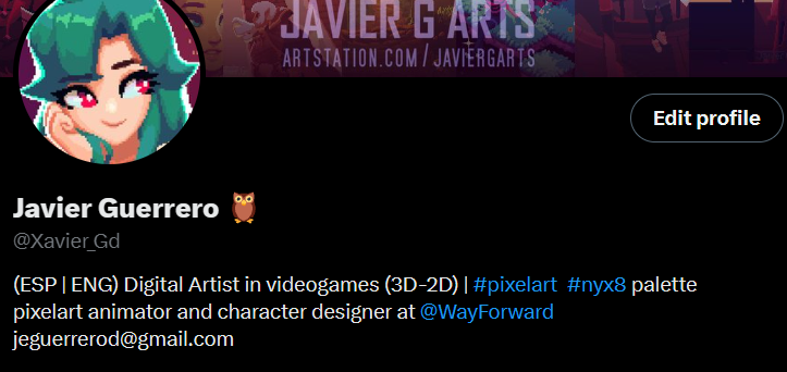 Javier Guerrero 🦉 (@xavier_gd) on Twitter photo One thing I haven't told you guys, also bcause it's still hard for me to believe.. and I'm happy to finally announce, is that I got a position as a pixel art animator and character designer at <a href="/WayForward/">WayForward</a> a few months ago. and I've been working with them since then🥹✨ One thing I haven't told you guys, also bcause it's still hard for me to believe.. and I'm happy to finally announce, is that I got a position as a pixel art animator and character designer at <a href="/WayForward/">WayForward</a> a few months ago. and I've been working with them since then🥹✨
