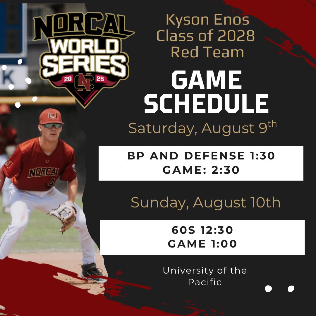Kyson Enos (@kysonenos) on Twitter photo Excited to have been invited to play in the NorCal World Series. I’ll be playing for Team Red Saturday at 2:30 and Sunday at 1:00. Games are at University of the Pacific. Thank you <a href="/NorCalU1/">NorCalU</a> <a href="/NorCalBaseball/">Tony Crivello</a> for the opportunity. Excited to have been invited to play in the NorCal World Series. I’ll be playing for Team Red Saturday at 2:30 and Sunday at 1:00. Games are at University of the Pacific. Thank you <a href="/NorCalU1/">NorCalU</a> <a href="/NorCalBaseball/">Tony Crivello</a> for the opportunity.