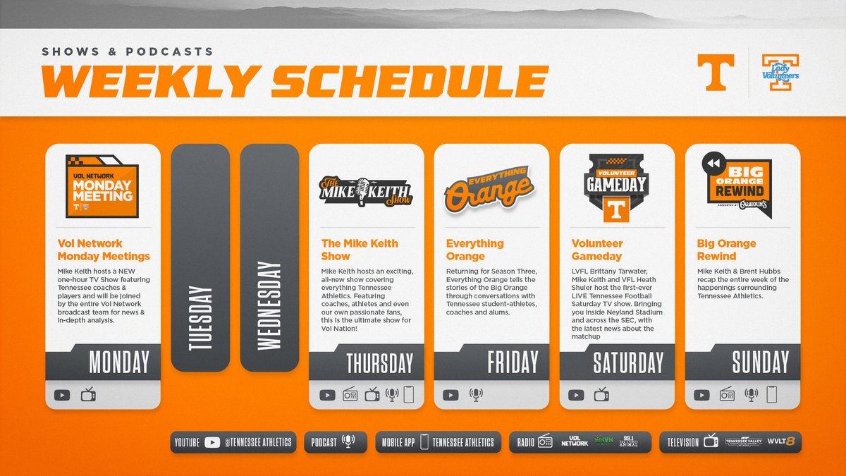 Tennessee Athletics (@vol_sports) on Twitter photo More content. More ways to watch!
An exciting new slate of programing from Tennessee Athletics and the <a href="/VolNetwork/">Vol Network</a> will launch this fall.
Details here » 1tn.co/4m7kR2r More content. More ways to watch!
An exciting new slate of programing from Tennessee Athletics and the <a href="/VolNetwork/">Vol Network</a> will launch this fall.
Details here » 1tn.co/4m7kR2r