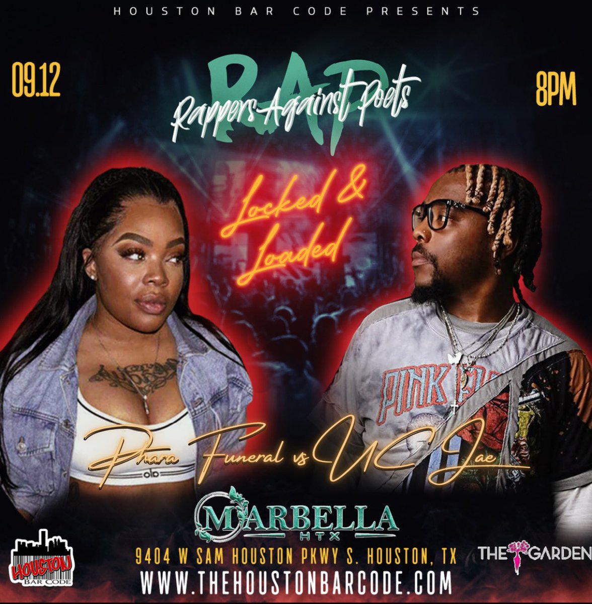 The talk gone be real different in this one unique Presence + Elite Bars from both <a href="/MzFuneral/">Phara</a> vs @uc.Jae !!! Choose ya side @rappersagainstpoets TICKETS AT TheHoustonBarCode.com