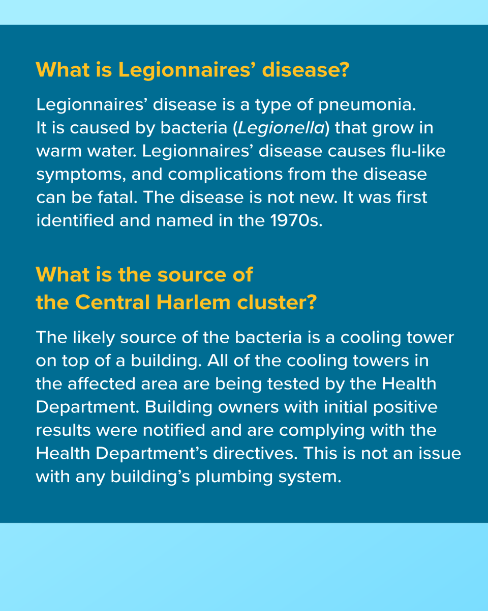 nycHealthy's tweet photo. We are investigating a Legionnaires' disease cluster in Central Harlem (ZIPs 10027, 10030, 10035, 10037, and 10039). If you live or work in this area and have flu-like symptoms, see a health care provider right away.

Here's what you should know: https://t.co/prnGYyaxXt https://t.co/EYzyllmtlc