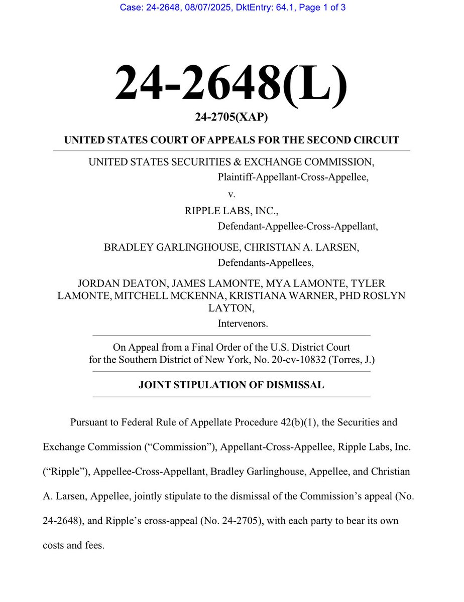 🚨 BREAKING: The <a href="/SECGov/">U.S. Securities and Exchange Commission</a> and <a href="/Ripple/">Ripple</a> have jointly filed to dismiss their appeals, officially ending their nearly five-year legal battle.