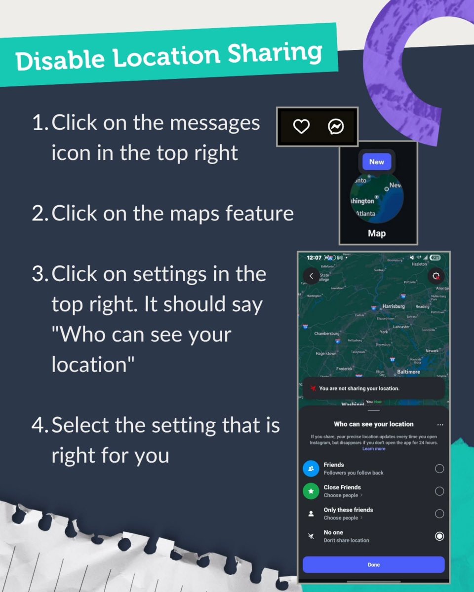 Instagram introduced a new map feature that shares users' location. It can be a fun way to connect with friends, but it can also be dangerous. It can be utilized by stalkers, abusers, or perpetrators of domestic violence. 

⚠️ You can change your settings to stop or limit access.