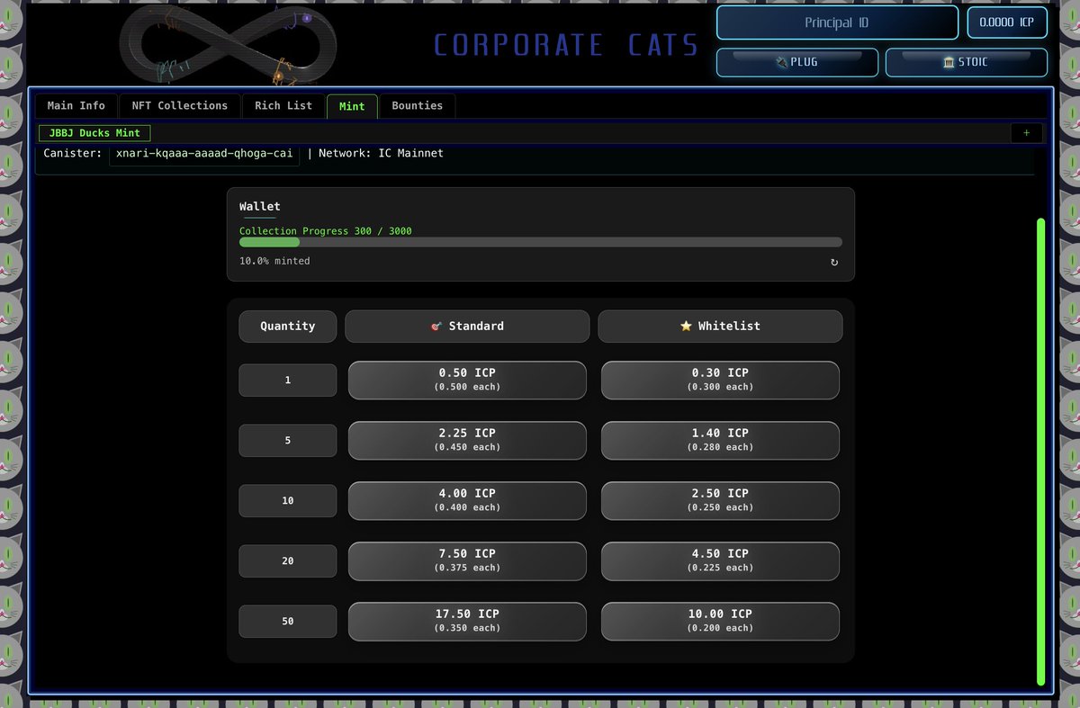 🦆 MINT NOW on CorporateCats.io ! The JBBJ Ducks have been summoned on the Internet Computer! 🦆
3,000 unique ducks ready for adoption with 300 already airdropped to top 50 JBBJ holders by weight and grade.
🔗 …gyz-eyaaa-aaaai-atkqq-cai.raw.icp0.io/?category=mint…
DM for support and questions!