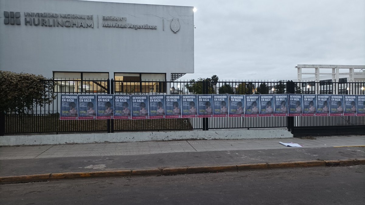 NGerola's tweet photo. En la universidad nacional de Hurlingham nos vamos preparando para arrancar las clases con una fuerte campaña contra el #GenocidioEnGaza 
No vamos a ser la generación de estudiantes que mire para un costado ante semejante atrocidad. Este sábado seamos miles en las calles! https://t.co/8xyvEwnw2v
