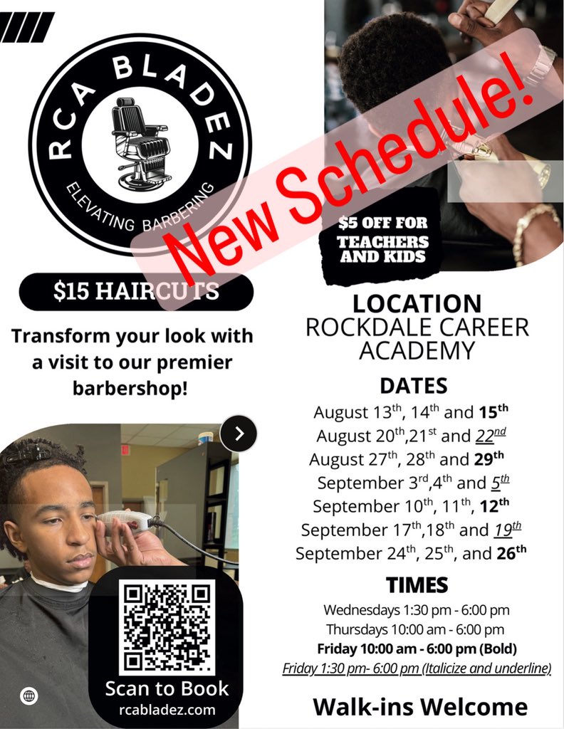 Check out our new schedule for RCA Blades Barber Shop.