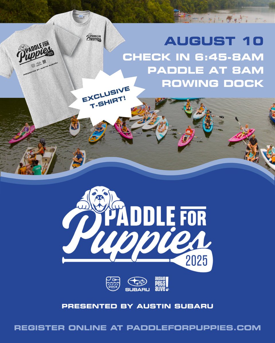 Austin Pets Alive! (@austinpetsalive) on Twitter photo When you Paddle for Puppies, you support pups like Vixey š
š¶ Join us Sunday, August 10 for a unique annual fundraiser presented by <a href="/AustinSubaru/">Austin Subaru</a> and hosted by <a href="/RowingDock/">Rowing Dock</a>, and help us keep giving puppies like Vixey a second chance!
Register now at paddleforpuppies.com When you Paddle for Puppies, you support pups like Vixey š
š¶ Join us Sunday, August 10 for a unique annual fundraiser presented by <a href="/AustinSubaru/">Austin Subaru</a> and hosted by <a href="/RowingDock/">Rowing Dock</a>, and help us keep giving puppies like Vixey a second chance!
Register now at paddleforpuppies.com