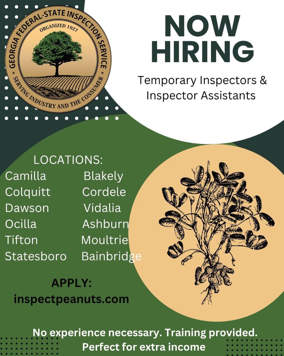 Job Alert! 📢 The Georgia Federal-State Inspection Service is looking for temporary inspectors &amp; inspector assistants for the 2025 peanut crop season. There are multiple locations throughout South Georgia. Apply online at inspectpeanuts.com. 🥜