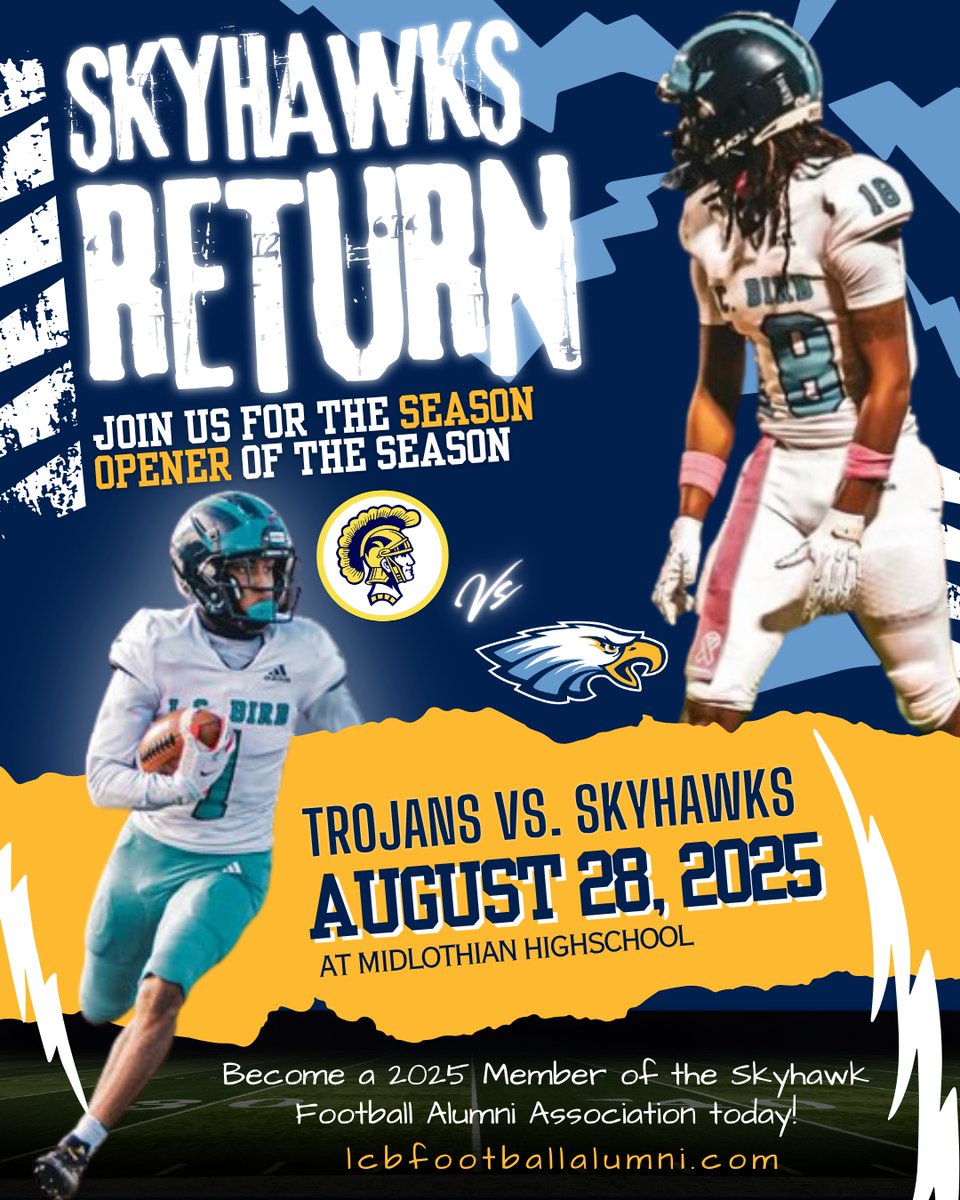The wait is over. The 2025 season kicks off on August 28 at Midlothian High School, and the Skyhawks are ready. Get VIP access, sideline passes, and more when you join the Skyhawk Football Alumni Association today!  Become a 2025 Member: lcbfootballalumni.com