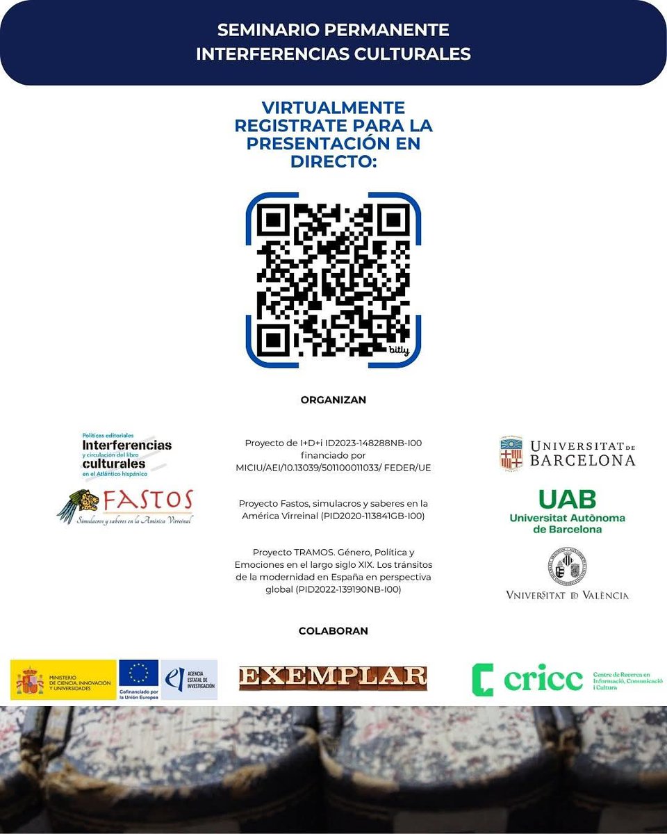 Erika González León (@erika_bgl) on Twitter photo La próxima sesión del Seminario Permanente Interferencias Culturales estará a cargo de Laura Guinot y Beatriz Ferrús; hablarán sobre las representaciones de las mujeres espirituales en el siglo XVIII. 
Será una sesión presencial y con transmisión, la información en el QR.
👇👇 La próxima sesión del Seminario Permanente Interferencias Culturales estará a cargo de Laura Guinot y Beatriz Ferrús; hablarán sobre las representaciones de las mujeres espirituales en el siglo XVIII. 
Será una sesión presencial y con transmisión, la información en el QR.
👇👇