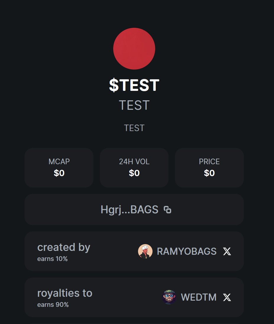 Broder (@0xspoder) on Twitter photo Discovered a test coin created by <a href="/ramyobags/">RAMO</a> co-founder of Bags
90% of the royalties go to Miles <a href="/wedtm/">miles</a> founder of <a href="/trustlesseng/">Trustless Biomech Labs</a> & <a href="/corporealai/">corporeal.ai</a>
$TEST
HgrjYFUViP1fTaFppAEn7waHR1TmgW2dFCp7BYaZBAGS
bags.fm/HgrjYFUViP1fTa… Discovered a test coin created by <a href="/ramyobags/">RAMO</a> co-founder of Bags
90% of the royalties go to Miles <a href="/wedtm/">miles</a> founder of <a href="/trustlesseng/">Trustless Biomech Labs</a> & <a href="/corporealai/">corporeal.ai</a>
$TEST
HgrjYFUViP1fTaFppAEn7waHR1TmgW2dFCp7BYaZBAGS
bags.fm/HgrjYFUViP1fTa…