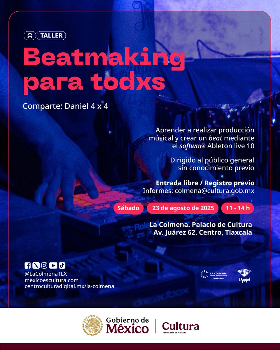 En el taller “Beatmaking para todxs” aprenderás a crear un beat desde cero utilizando una computadora y un software de producción musical, con el que cualquier persona puede involucrarse en el proceso creativo sin necesidad de experiencia previa.

centroculturadigital.mx/actividad/beat…