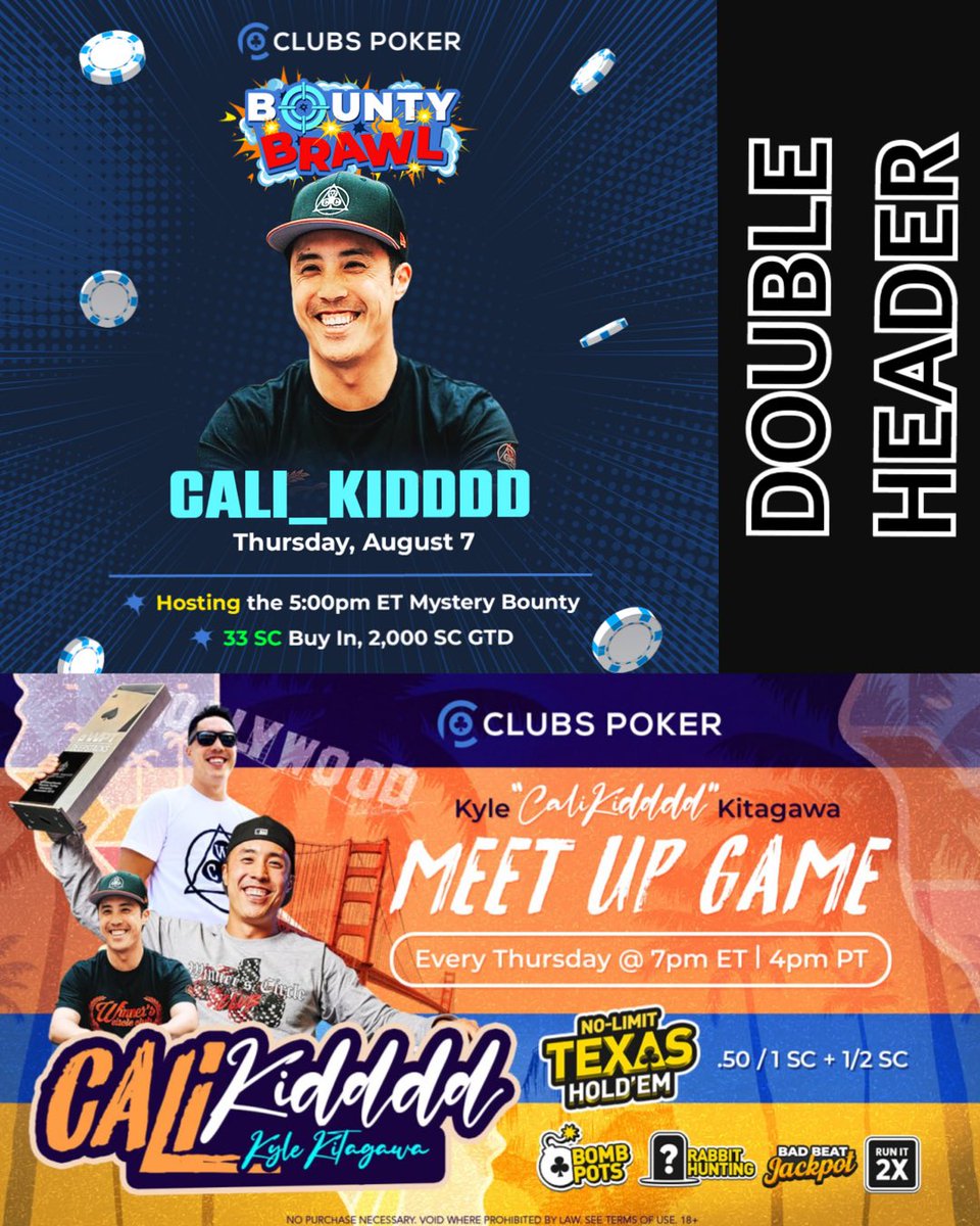 I’m hosting today’s Bounty Brawl Event AND my weekly Meet Up Game today on <a href="/playonclubs/">Clubs Poker</a> ! Collect a biunty for busting me! #poker #onlinepoker #clubspoker