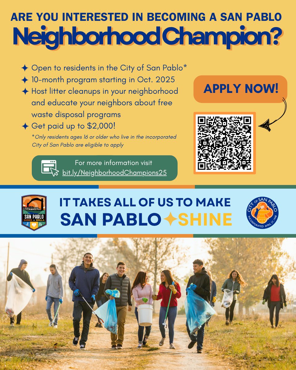 📣 Calling all San Pablo residents ages 16 and up!

Want to make a difference in your neighborhood and earn $2,000? Apply to become a Neighborhood Champion!
Help us build a cleaner, prouder, and more vibrant San Pablo through community action and beautification.
🔗 Learn more and