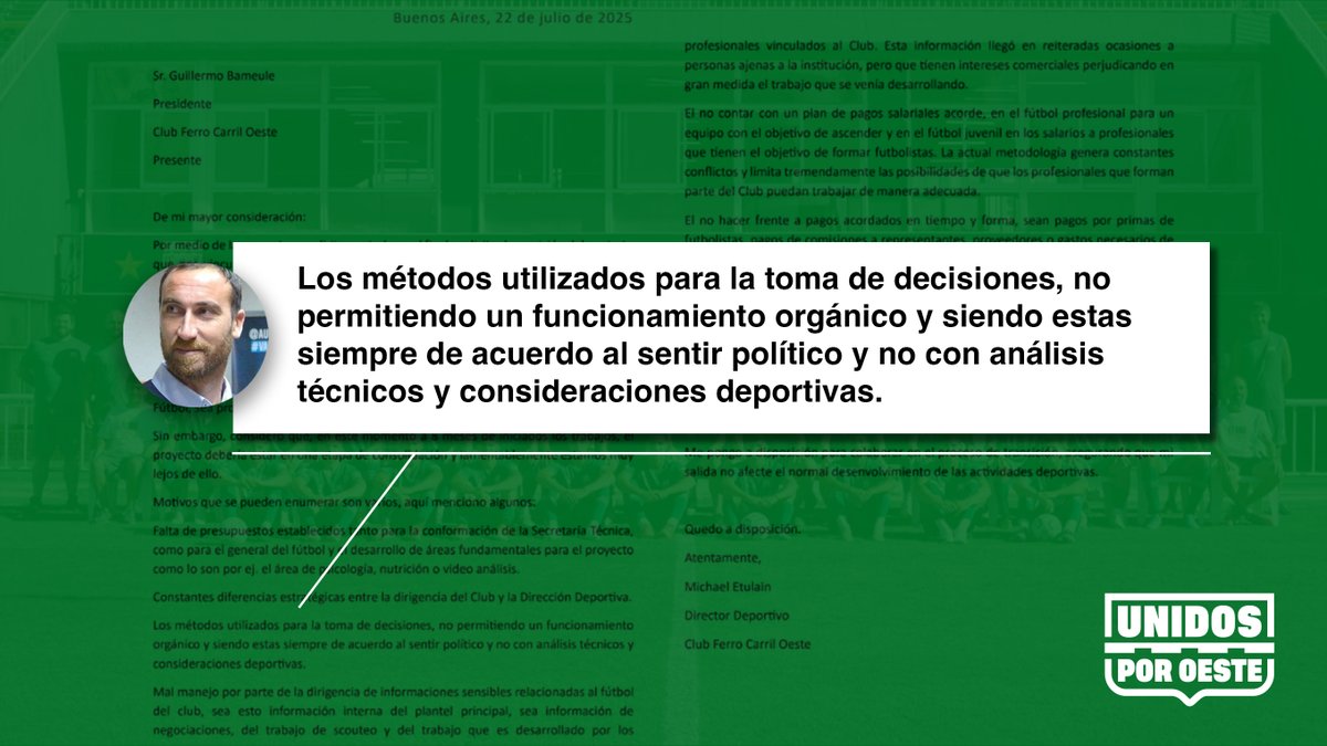 Palabras de Etulain hacia la CD luego de no alcanzar el proceso de planificación deportiva que desarrolla el club con el objetivo de optimizar el rendimiento del plantel profesional.