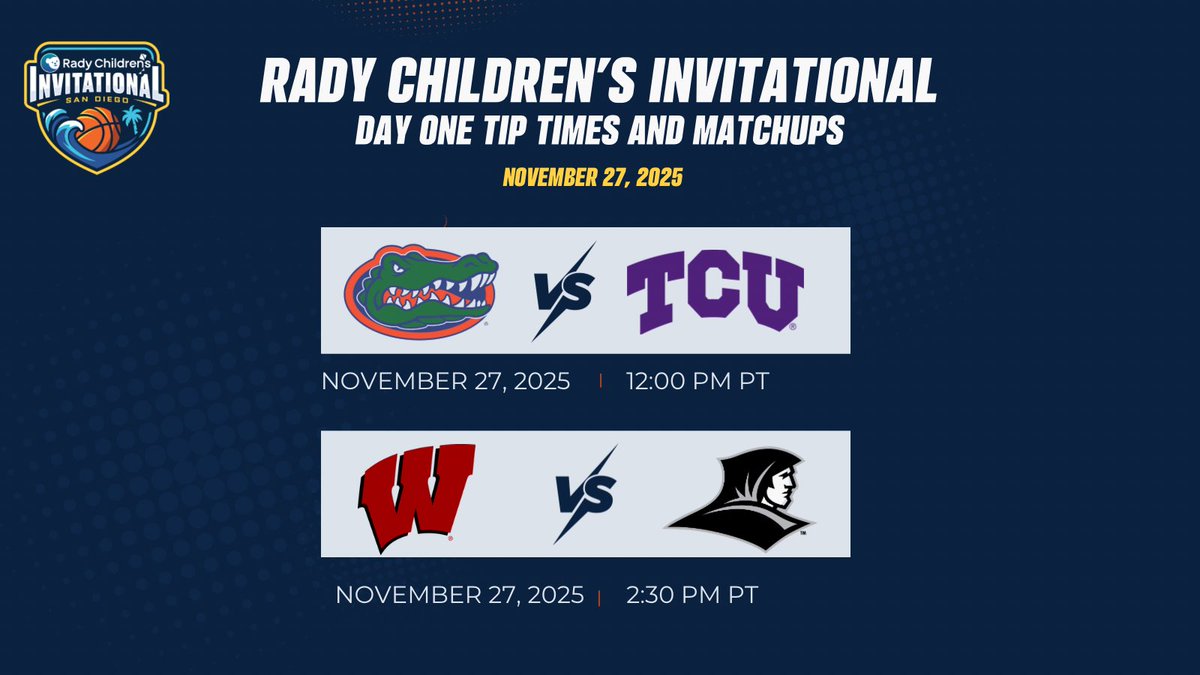 Rady Children's Invitational (@rcisandiego) on Twitter photo 🚨DAY ONE TIP TIMES & MATCHUPS JUST DROPPED🚨
Thursday 11/27/25, Thanksgiving Day:
12:00PM PT on FS1: <a href="/GatorsMBK/">Florida Gators Men’s Basketball</a> vs. <a href="/TCUBasketball/">TCU Men's Basketball</a>
2:30PM PT on FS1: <a href="/BadgerMBB/">Wisconsin Basketball</a> vs. <a href="/PCFriarsmbb/">Providence MBB</a>
Day Two tip times TBD. Tickets: radychildrensinvitational.com 🚨DAY ONE TIP TIMES & MATCHUPS JUST DROPPED🚨
Thursday 11/27/25, Thanksgiving Day:
12:00PM PT on FS1: <a href="/GatorsMBK/">Florida Gators Men’s Basketball</a> vs. <a href="/TCUBasketball/">TCU Men's Basketball</a>
2:30PM PT on FS1: <a href="/BadgerMBB/">Wisconsin Basketball</a> vs. <a href="/PCFriarsmbb/">Providence MBB</a>
Day Two tip times TBD. Tickets: radychildrensinvitational.com
