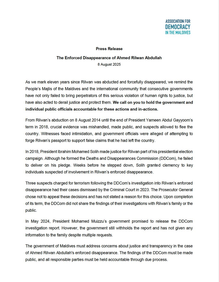 ADMv (@assocdemocracy) on Twitter photo Read our press statement: The Enforced Disappearance of Ahmed Rilwan Abdullah
democracymaldives.org/?p=495
"We call on you to hold the government and individual public officials accountable for these actions and in-actions." Read our press statement: The Enforced Disappearance of Ahmed Rilwan Abdullah
democracymaldives.org/?p=495
"We call on you to hold the government and individual public officials accountable for these actions and in-actions."