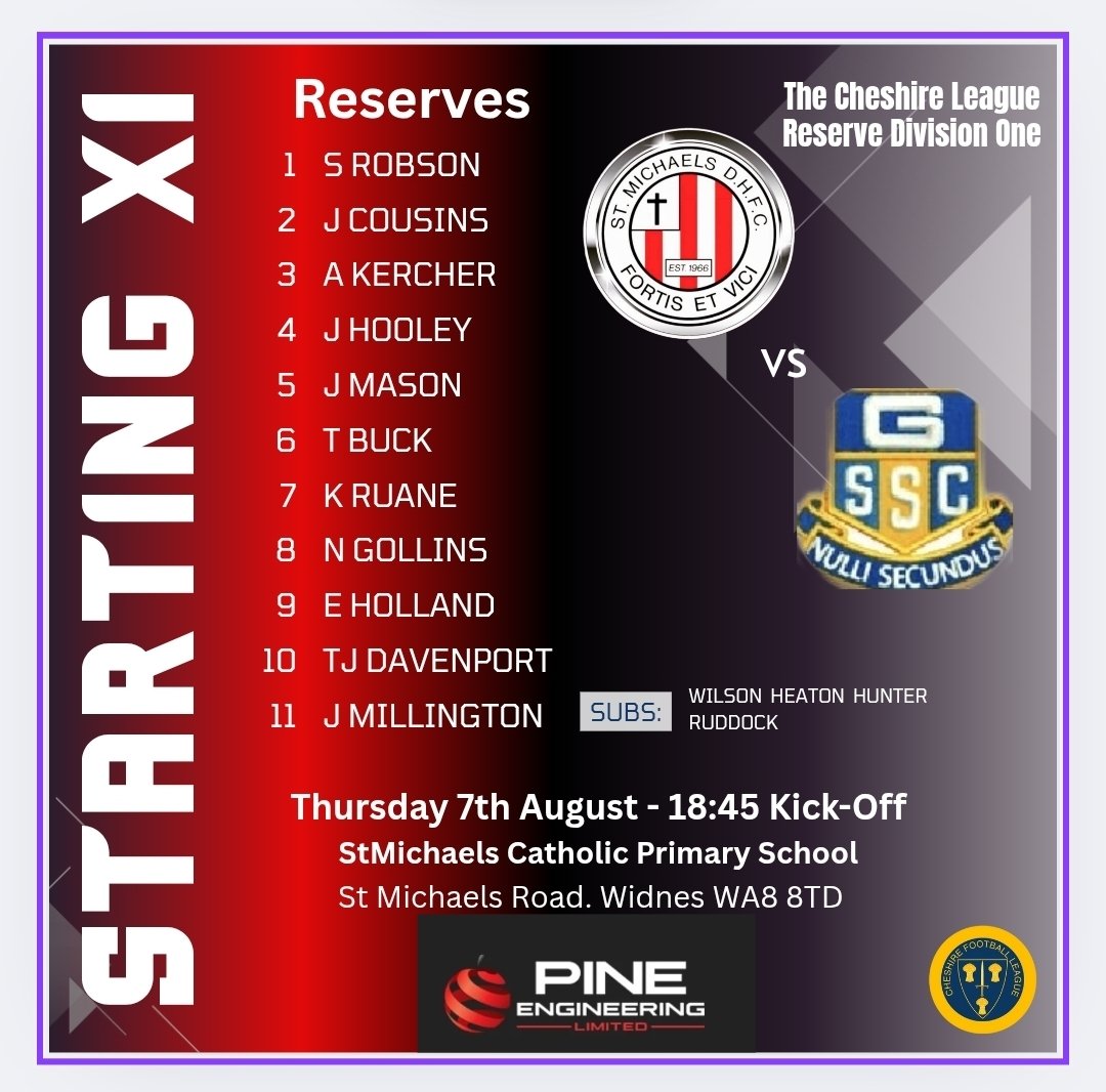 Reserves Team to face Golborne
<a href="/CheshireFL/">Cheshire Football League ⚽️</a> <a href="/StMichaelsDHFC/">St. Michaels DHFC</a> <a href="/Golborne_FC/">Golborne Sports FC</a>
