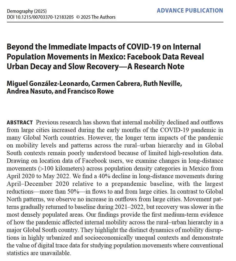 ReadDemography's tweet image. In “Impacts of COVID-19 on Internal Population Movements,” @MiguelGLeonardo, @Fcorowe et al. used Facebook user mobility data to illustrate that contrary to the Global North, “Mexico did not see an urban exodus during the pandemic.&quot; @geodatascience ow.ly/J2a350WBxMV