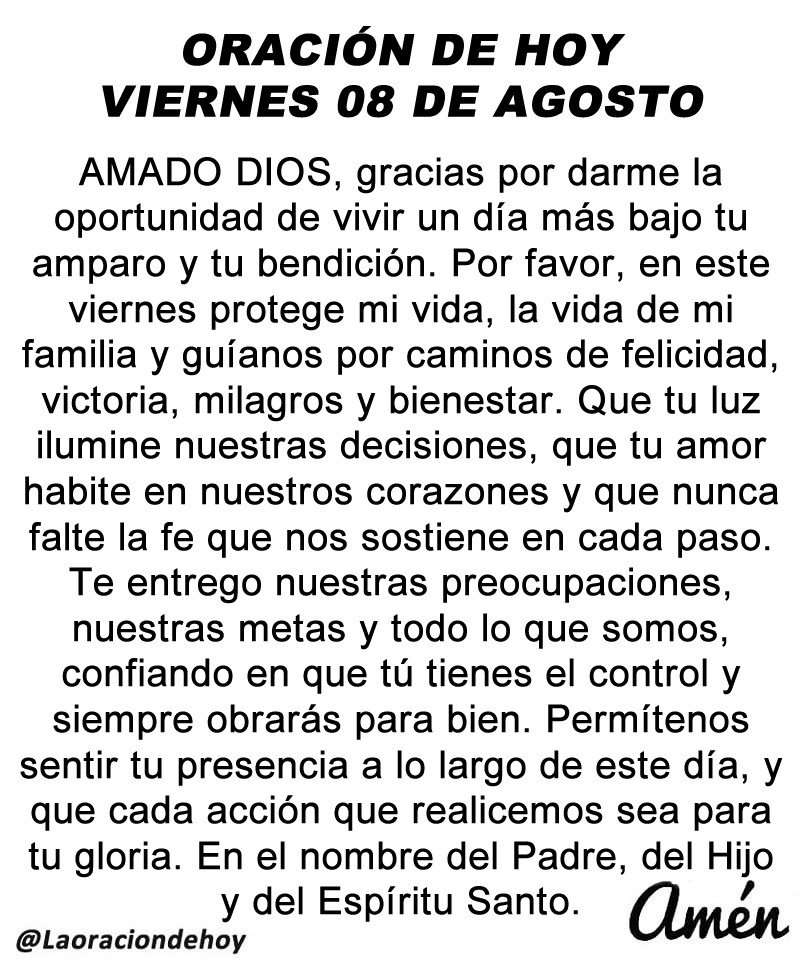 Oración diaria para hoy viernes 08 de agosto de 2025.