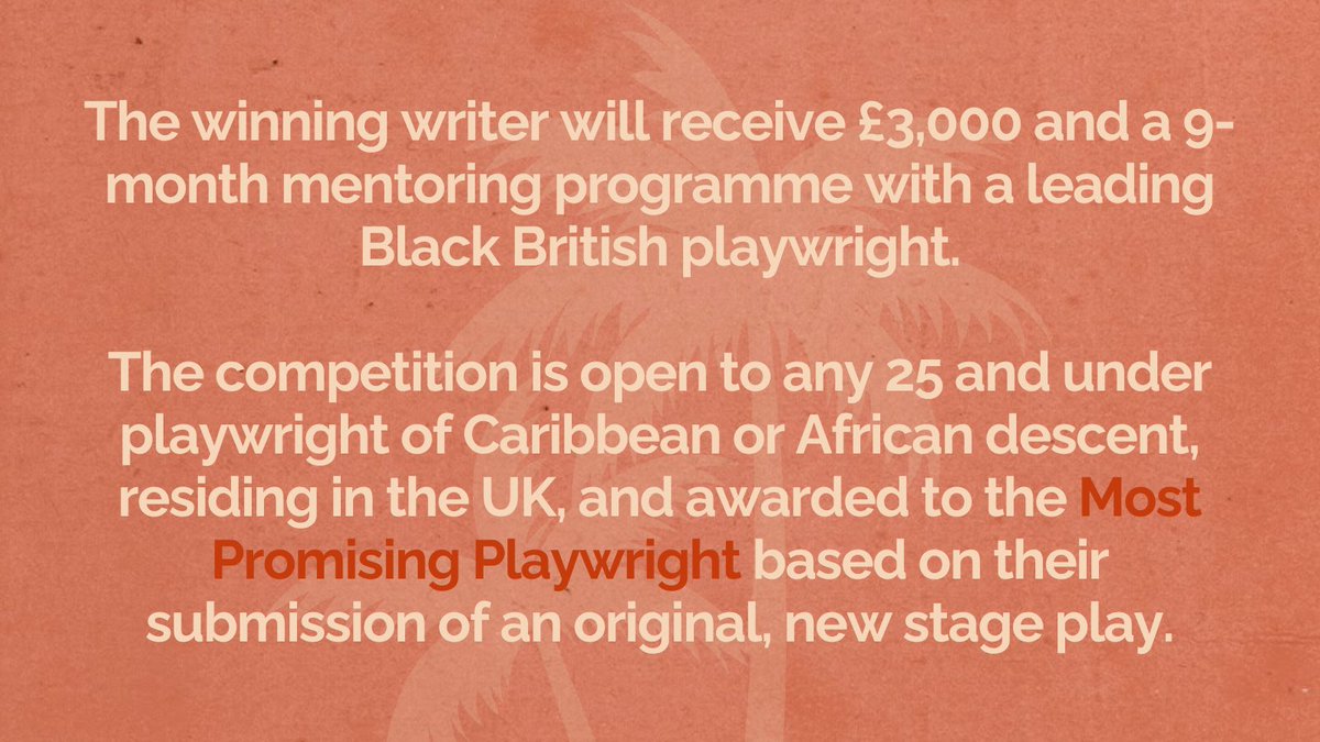 Fifth Word (@fifthword) on Twitter photo Applications close soon for the <a href="/MustaphaMatura/">Mustapha Matura</a> Award & Mentorship Programme 2025!
The winning writer will receive £3,000 and a 9-month mentoring programme with a leading Black British playwright.
Find out more + apply here by 31st August, 5pm: alfredfagonaward.co.uk/mustapha-matur… Applications close soon for the <a href="/MustaphaMatura/">Mustapha Matura</a> Award & Mentorship Programme 2025!
The winning writer will receive £3,000 and a 9-month mentoring programme with a leading Black British playwright.
Find out more + apply here by 31st August, 5pm: alfredfagonaward.co.uk/mustapha-matur…