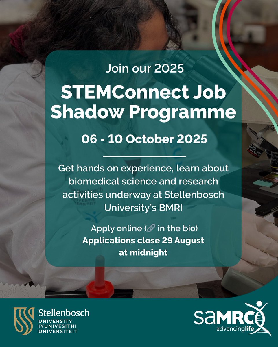 Applications are now open for the STEMConnect Job Shadow Programme at Stellenbosch University’s BMRI!

This programme offers high school learners a chance to explore various biomedical research careers firsthand.

For more information, apply via the link 🔗 in the bio.