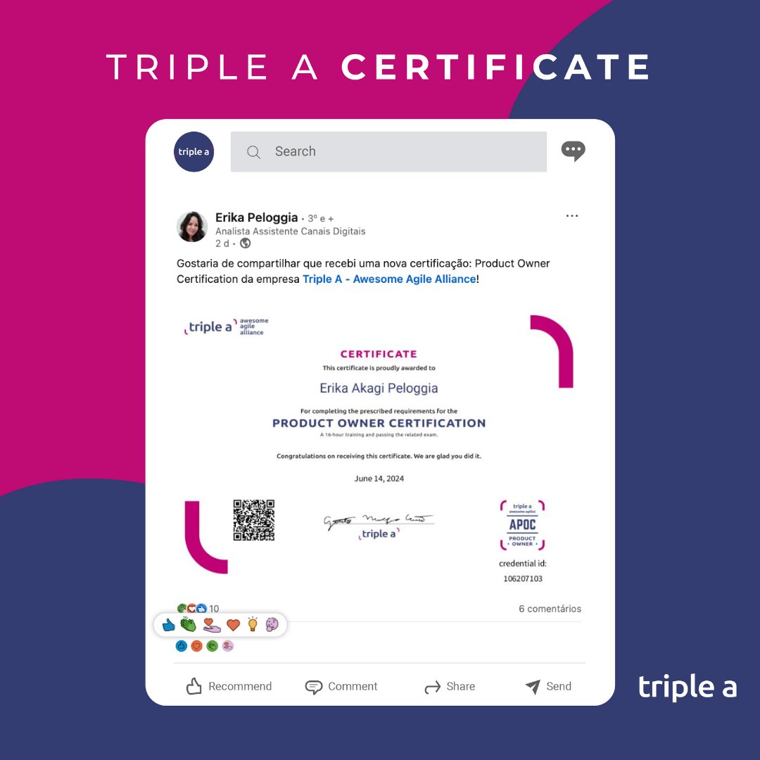 TripleA_Global's tweet image. &quot;Gostaria de compartilhar que recebi uma nova certificação: Product Owner Certification da empresa Triple A - Awesome Agile Alliance!&quot;

Erika Akagi

#productowner #scrumguide #multifuncionalidade #equipe #agilidade #agil #trabalho #responsabilidades #produtividade